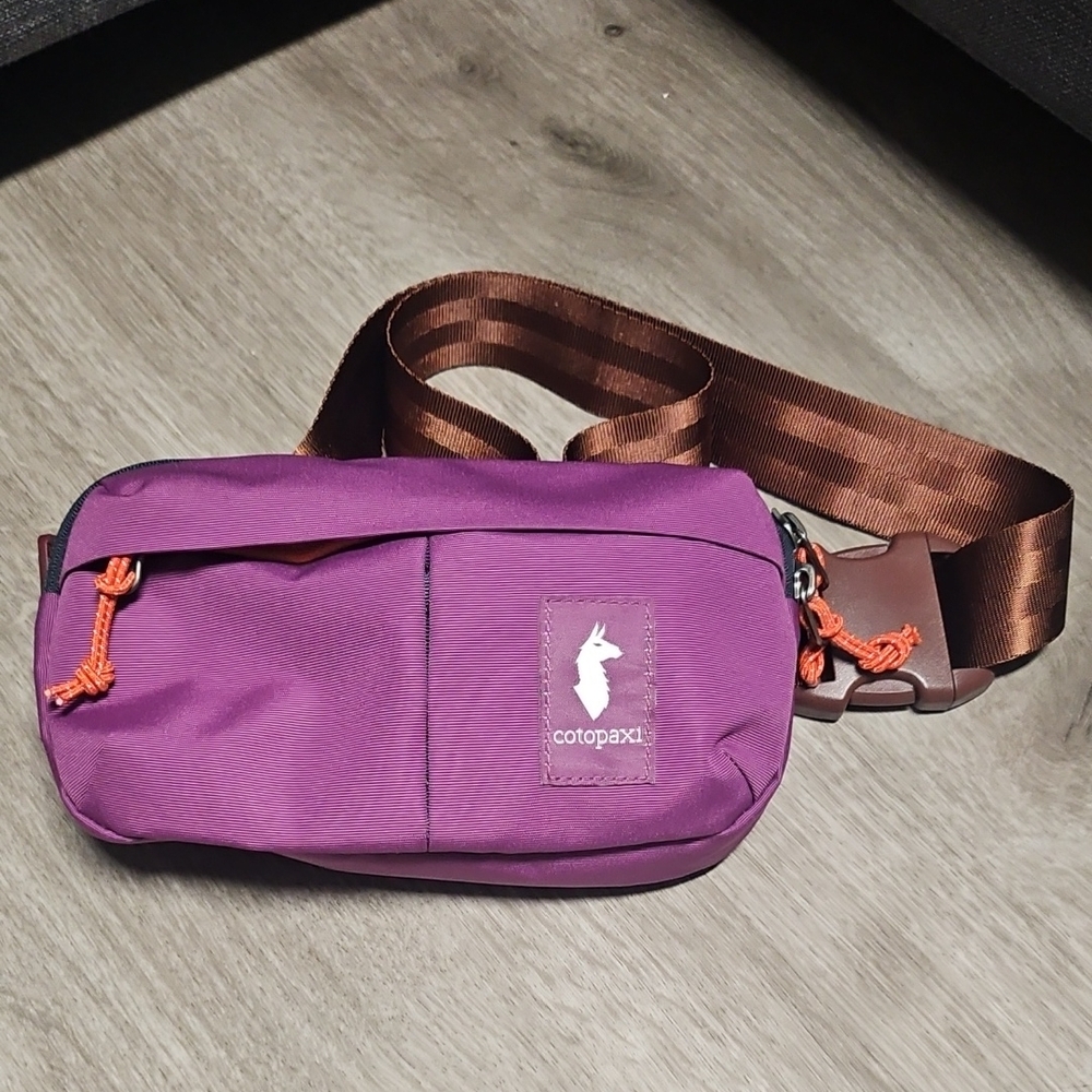 Cotopaxi Purple Belt Bag with Brown Strap